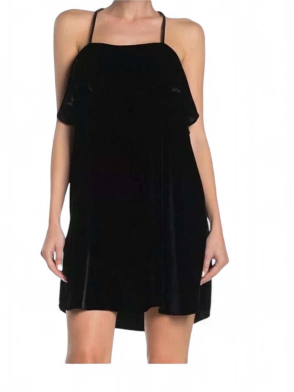 Madewell Black Velvet Ruffle-Trim Spaghetti-Strap Mini Dress